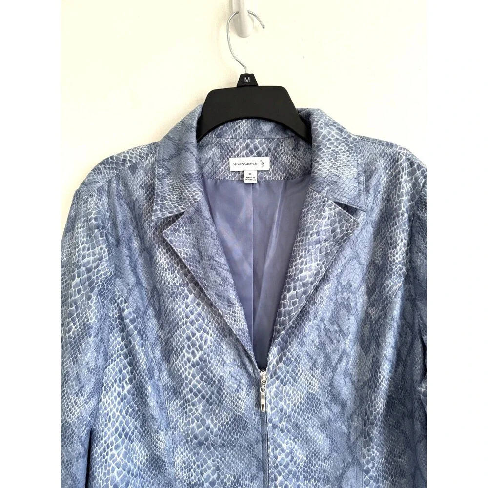 Susan Graver Jacket Blue Faux Snake Skin Zip Blazer Pockets Lined Size XL